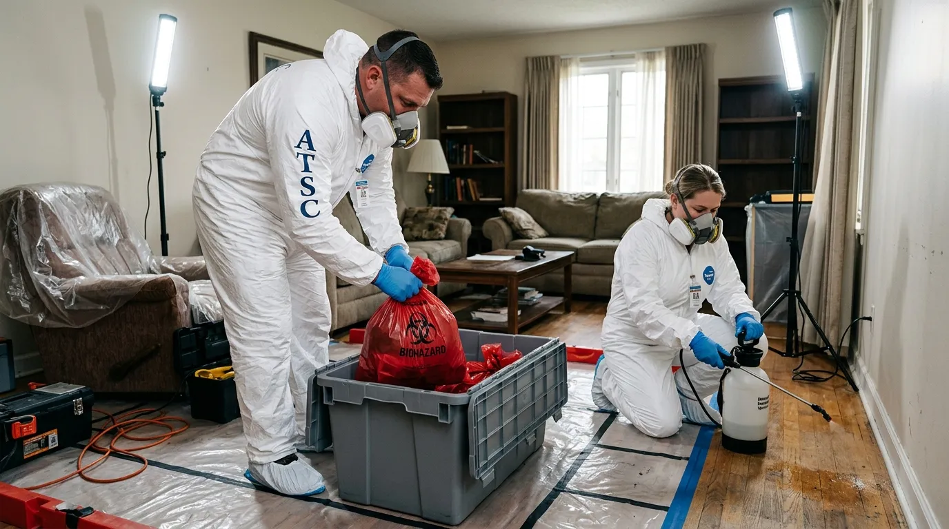 Professional Hazmat Cleanup technician in full PPE working in Maplewood